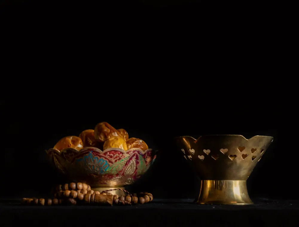 Traditional brass bowls with grains and spices